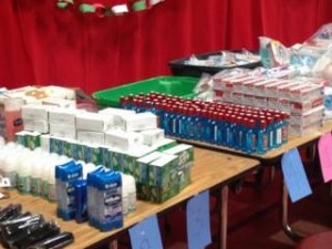 Toiletries laid out for La Sala Christmas in 2014.